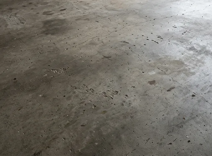 Old stained concrete floor before epoxy coating application